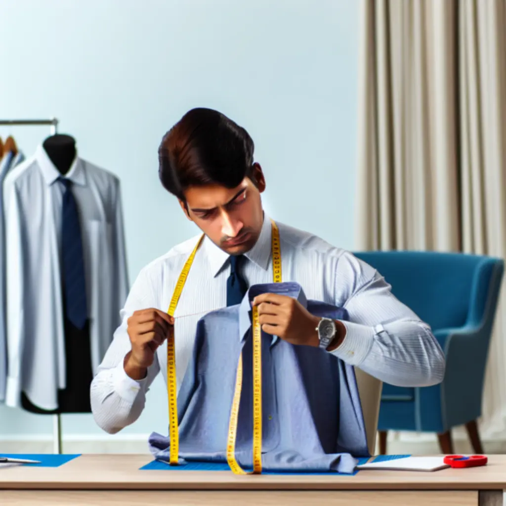 Mężczyzna mierzący koszulę w domowym biurze, dopasowujący rozmiar