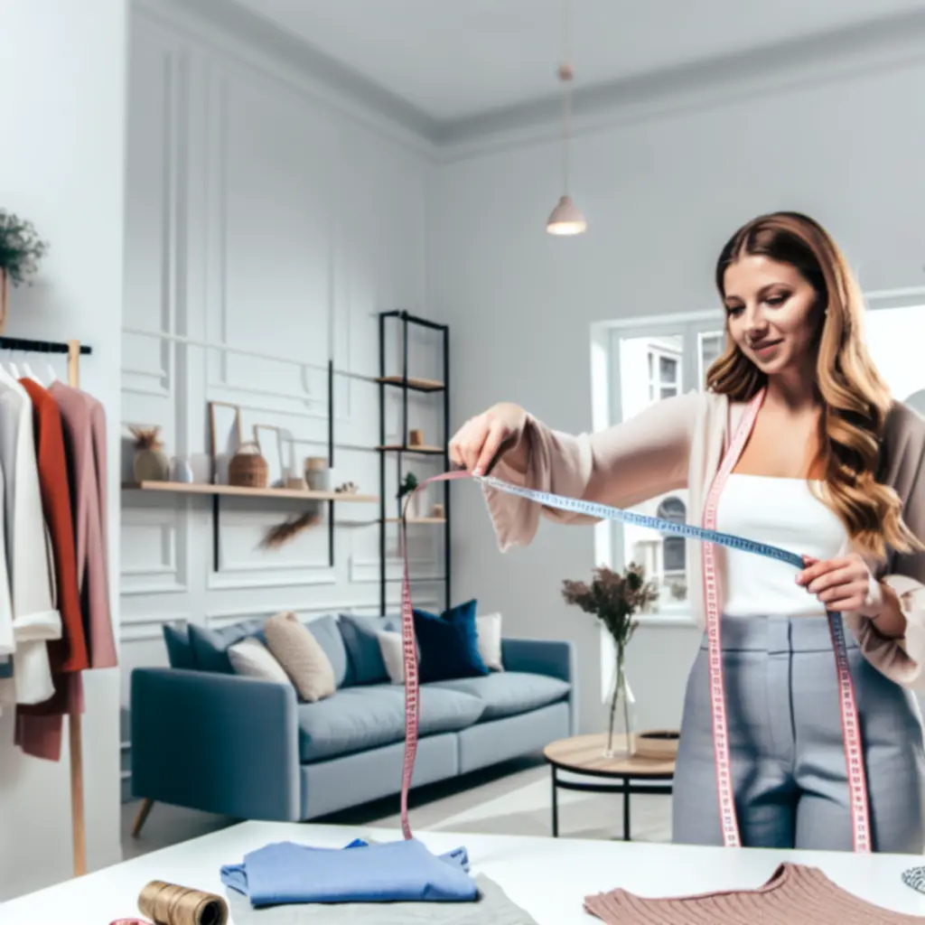 Kobieta mierząca ubranie w domu, przygotowująca się do doboru rozmiaru